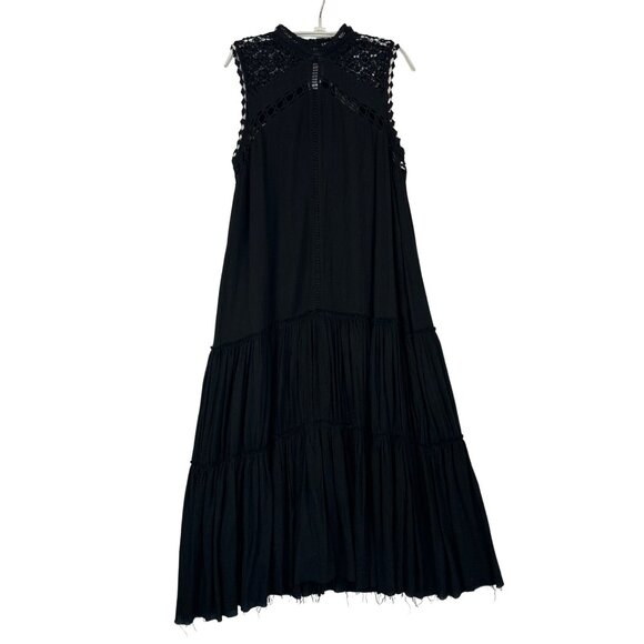 Fate Black Sleeveless Tiered Maxi Dress Lace Crochet Raw Hem Boho - Picture 6 of 13